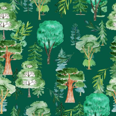 Suluboya desenli ağaçlar Kusursuz orman. Koleksiyon için tasarım ögesi. Tasarım için elementler.