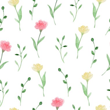 Çiçekler ve yapraklarla kusursuz desen. Elle çizilmiş. Duvar kağıdı ya da kumaş için çiçek deseni. Çiçekler ve yapraklar. Doku arkaplanı.