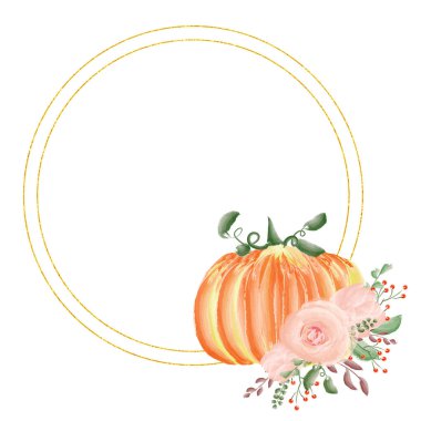 Altın çerçeveli balkabağı ve çiçek aranjmanı. Davetiyeler, kartpostallar, afişler, posterler. Baskı için tasarım. Tatil illüstrasyonu. Tasarım ögeleri.