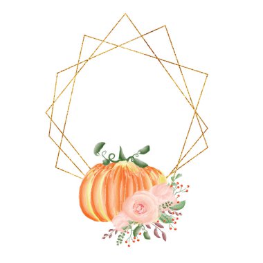 Altın çerçeveli balkabağı ve çiçek aranjmanı. Davetiyeler, kartpostallar, afişler, posterler. Baskı için tasarım. Tatil illüstrasyonu. Tasarım ögeleri.