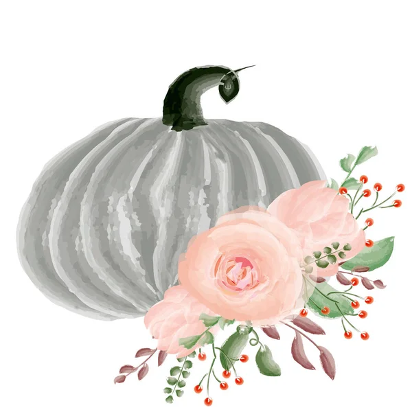 Pumpa och blomsterarrangemang. Inbjudningar, vykort, banderoller, affischer. Design för tryck. Semesterillustration. Utformningselement. — Stockfoto