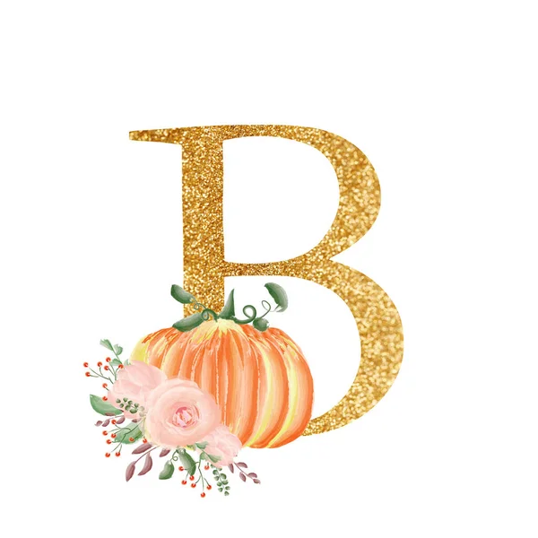 Χρυσό γράμμα B με σύνθεση ανθοδέσμες από λουλούδια και κολοκύθες. Μια συλλογή για το σχεδιασμό προσκλήσεων γάμου και πολλών άλλων σχεδιαστικών ιδεών. Αλφάβητο. — Φωτογραφία Αρχείου