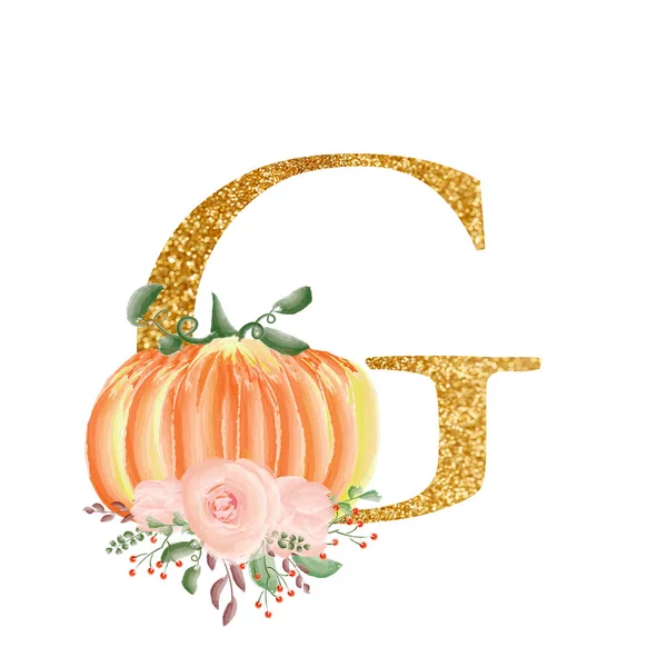 Χρυσό γράμμα G με σύνθεση ανθοδέσμες από λουλούδια και κολοκύθες. Μια συλλογή για το σχεδιασμό προσκλήσεων γάμου και πολλών άλλων σχεδιαστικών ιδεών. Αλφάβητο. — Φωτογραφία Αρχείου