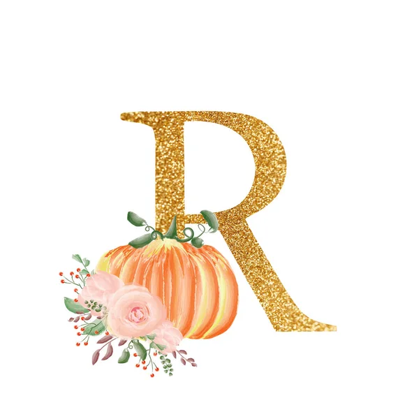 ตัวอักษรทอง R ประกอบด้วยช่อดอกไม้และฟักทอง คอลเลกชันสําหรับการออกแบบของการเชื้อเชิญงานแต่งงานและแนวคิดการออกแบบอื่น ๆ อีกมากมาย ตัวอักษร . — ภาพถ่ายสต็อก