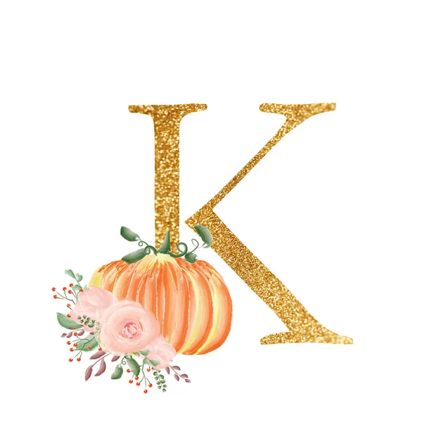 Χρυσό γράμμα Κ με σύνθεση ανθοδέσμες από λουλούδια και κολοκύθες. Μια συλλογή για το σχεδιασμό προσκλήσεων γάμου και πολλών άλλων σχεδιαστικών ιδεών. Αλφάβητο. — Φωτογραφία Αρχείου