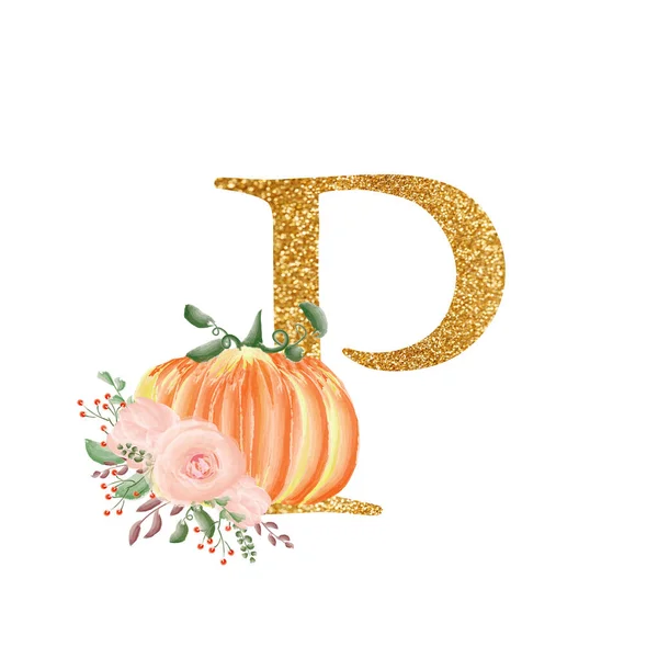 Gyllene bokstaven P med en sammansättning av buketter med blommor och pumpor. En kollektion för design av bröllopsinbjudningar och många andra designidéer. Alfabetet. — Stockfoto