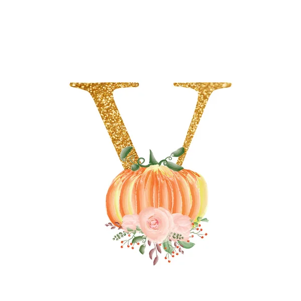 Golden letter V with a composition of bouquets of flowers and pumpkins. A collection for the design of wedding invitations and many other designs ideas. Alphabet. — Stock Photo, Image