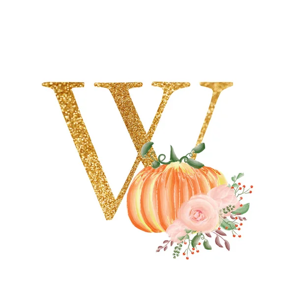 Letra de oro W con una composición de ramos de flores y calabazas. Una colección para el diseño de invitaciones de boda y muchas otras ideas de diseños. Alfabeto. — Foto de Stock