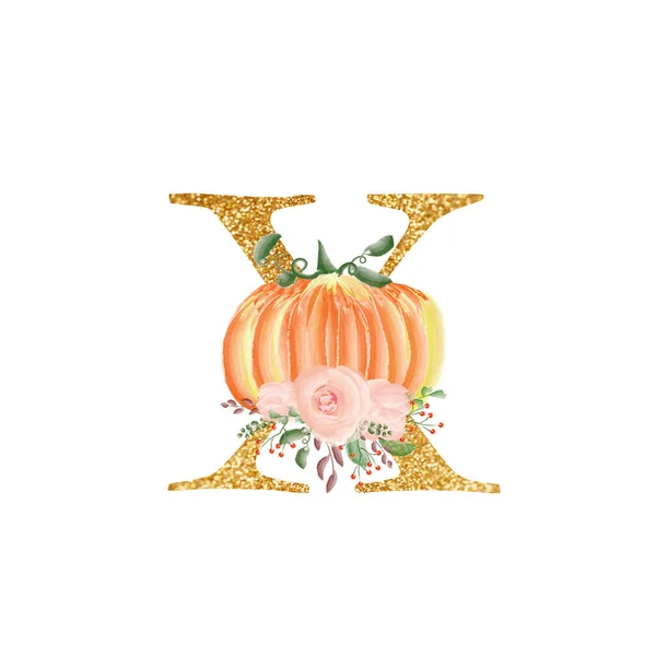 Golden letter X with a composition of bouquets of flowers and pumpkins. A collection for the design of wedding invitations and many other designs ideas. Alphabet. — Stock Photo, Image