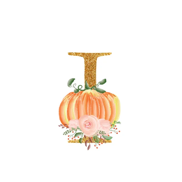 Golden letter I with a composition of bouquets of flowers and pumpkins. A collection for the design of wedding invitations and many other designs ideas. Alphabet. — Stock Photo, Image