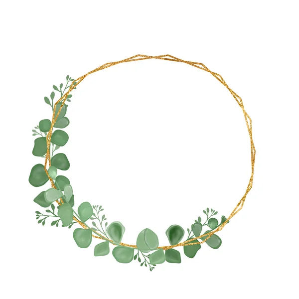 Okaliptüs yapraklı altın çerçeve. Bir tebrik kartı. Bir davetiye kartı. Düğün unsurları. Yazdırma için bir illüstrasyon.