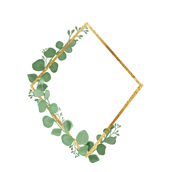 Arany keret eukaliptusz levelekkel. Egy üdvözlőlap. Egy meghívó. Esküvői elemek. Illusztráció nyomtatáshoz. — Stock Fotó