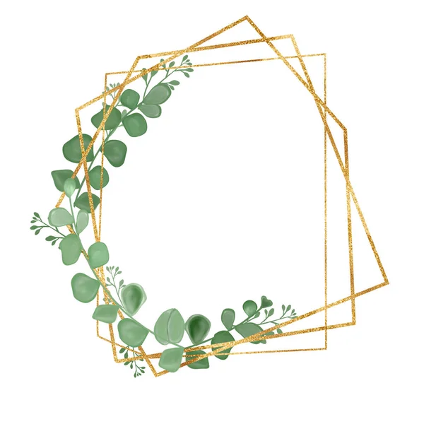Goldener Rahmen mit Eukalyptusblättern. Eine Grußkarte. Eine Einladungskarte. Hochzeitselemente. Eine Illustration für den Druck. — Stockfoto