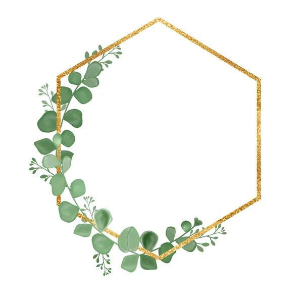 Arany keret eukaliptusz levelekkel. Egy üdvözlőlap. Egy meghívó. Esküvői elemek. Illusztráció nyomtatáshoz. — Stock Fotó