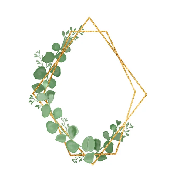 Marco dorado con hojas de eucalipto. Una tarjeta de felicitación. Una tarjeta de invitación. Elementos de boda. Una ilustración para imprimir. —  Fotos de Stock