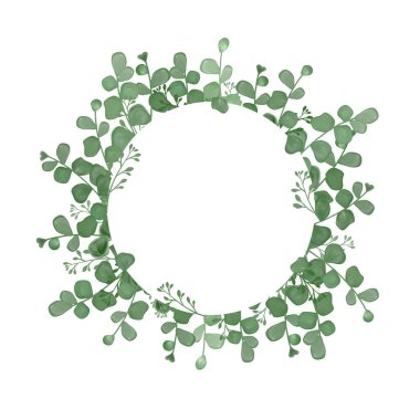 Okaliptüs yapraklı çerçeve. Bir tebrik kartı. Bir davetiye kartı. Düğün unsurları. Baskı için bir illüstrasyon. Yeşil Dal.