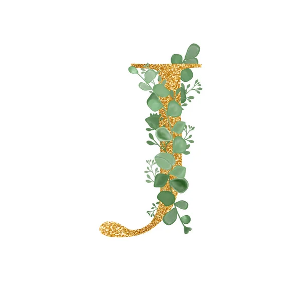 Золотой цветочный алфавит - буква J с листьями эвкалипта. Поздравительная открытка. Свадебные элементы. Иллюстрация для печати. Печать. Композиция с зелеными ветками и буквами. — стоковое фото