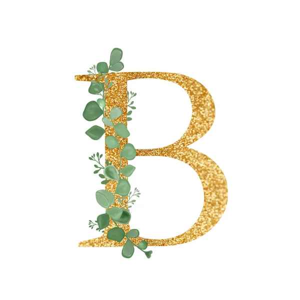 ตัวอักษรดอกไม้สีทอง ตัวอักษร B ที่มีช่อดอกยูคาลิปตัส การ์ดอวยพร องค์ประกอบการแต่งงาน ภาพประกอบสําหรับการพิมพ์ พิมพ์. การประกอบด้วยกิ่งไม้เขียวและตัวอักษร . — ภาพถ่ายสต็อก