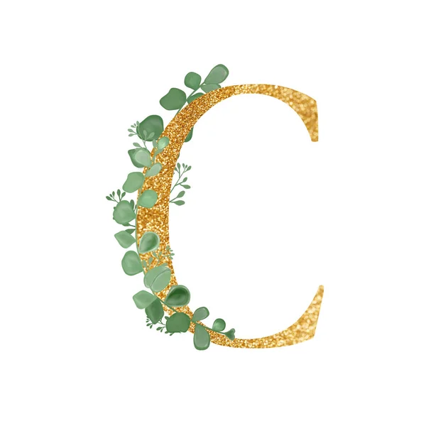 ตัวอักษรดอกไม้สีทอง ตัวอักษร C พร้อมช่อดอกยูคาลิปตัส การ์ดอวยพร องค์ประกอบการแต่งงาน ภาพประกอบสําหรับการพิมพ์ พิมพ์. การประกอบด้วยกิ่งไม้เขียวและตัวอักษร . — ภาพถ่ายสต็อก