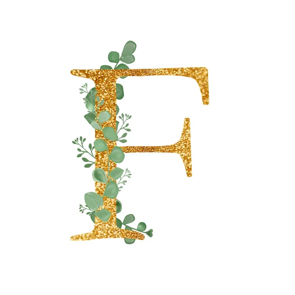Alfabeto floral dourado - letra F com ramos de folhas de eucalipto. Um cartão de felicitações. Elementos do casamento. Uma ilustração para impressão. Imprimir. Composição com galhos verdes e letra. — Fotografia de Stock