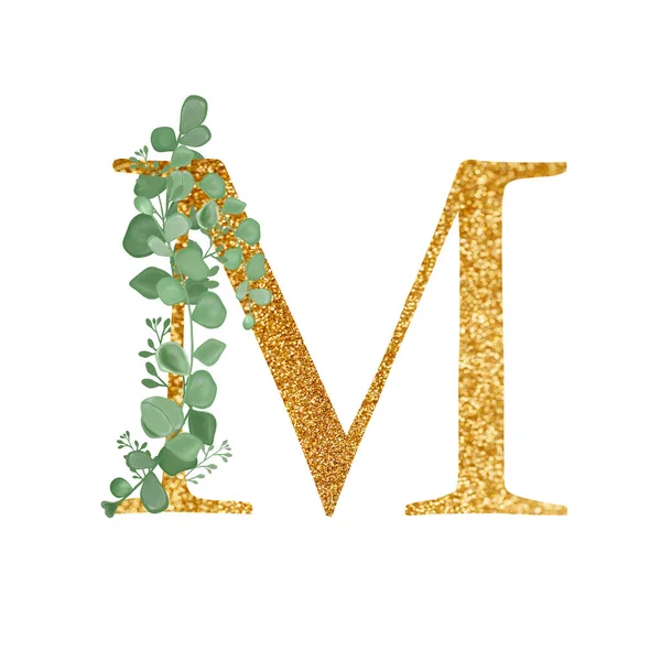 ตัวอักษรดอกไม้สีทอง M พร้อมช่อดอกยูคาลิปตัส การ์ดอวยพร องค์ประกอบการแต่งงาน ภาพประกอบสําหรับการพิมพ์ พิมพ์. การประกอบด้วยกิ่งไม้เขียวและตัวอักษร . — ภาพถ่ายสต็อก