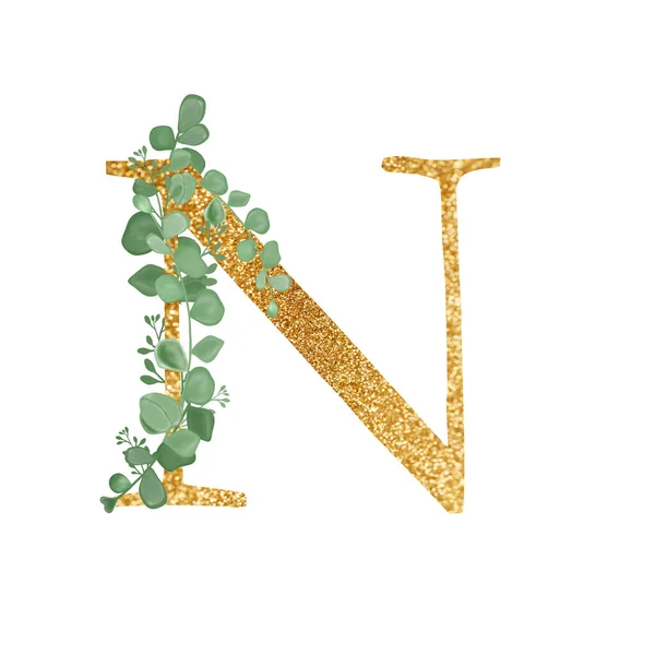 ตัวอักษรดอกไม้สีทอง N พร้อมช่อดอกยูคาลิปตัส การ์ดอวยพร องค์ประกอบการแต่งงาน ภาพประกอบสําหรับการพิมพ์ พิมพ์. การประกอบด้วยกิ่งไม้เขียวและตัวอักษร . — ภาพถ่ายสต็อก
