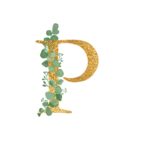 Goud Bloemen Alfabet letter P met Eucalyptus laat takken boeket. Een wenskaart. Bruiloftelementen. Een illustratie voor het drukken. Afdrukken. Samenstelling met Green Twigs en brief. — Stockfoto