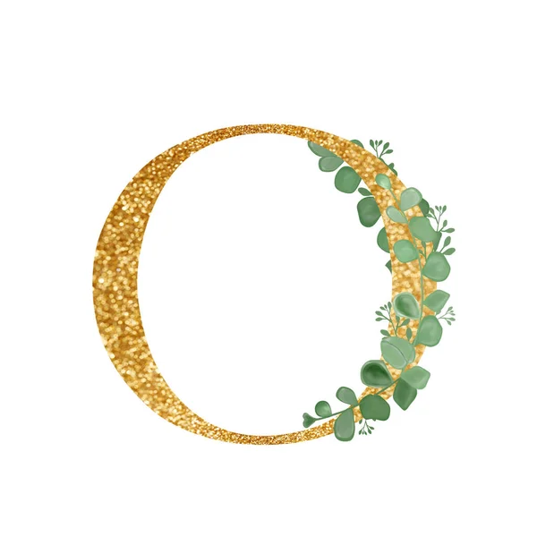 Alfabeto floral dourado letra O com folhas de eucalipto ramo buquê. Um cartão de felicitações. Elementos do casamento. Uma ilustração para impressão. Imprimir. Composição com galhos verdes e letra. — Fotografia de Stock