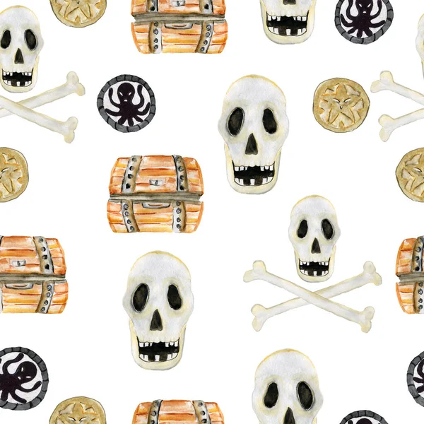 Watercolor seamless background illustration of a pirate set with a skull, chest, coins. An illustration for printing. Print for a T-shirt. A pattern for a party. Decor for a Childrens Holiday. — Stockfoto