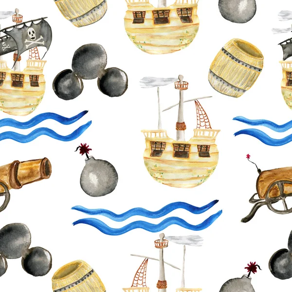 Ilustración de fondo sin costuras de acuarela de un conjunto de piratas con barco, cañón, conchas, barril y mar Ilustración para imprimir. Impresión para una camiseta. Una muestra para una fiesta. Decoración para un niño — Foto de Stock