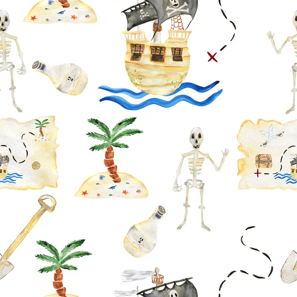 Watercolor seamless background illustration of a pirate set with ship, palm tree, bottle of rum, skeleton, treasure map and island. An illustration for printing. Print for a T-shirt. A sample for a — 스톡 사진