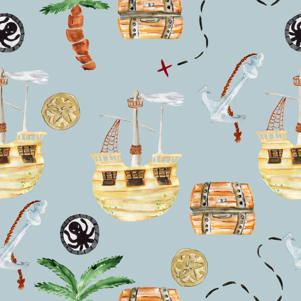 Watercolor seamless background illustration of a pirate set of ship, coins, anchor, palm tree, route line. An illustration for printing. Print for a T-shirt. A sample for a party. Decor for a children — Stock Photo, Image