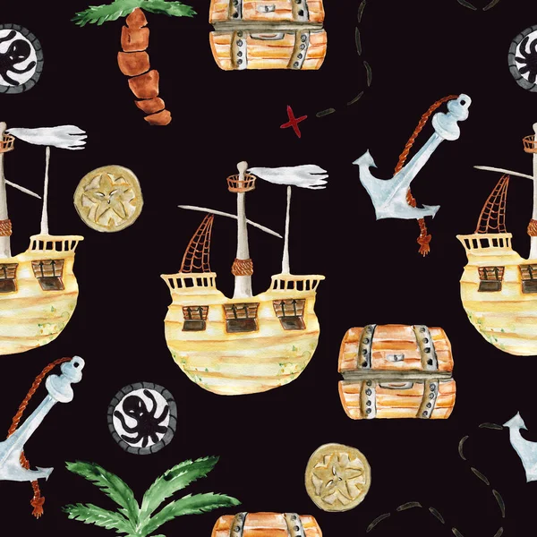 Ilustración de fondo sin costuras de acuarela de un conjunto pirata de barco, monedas, ancla, palmera, línea de ruta. Una ilustración para imprimir. Impresión para una camiseta. Una muestra para una fiesta. Decoración para un niño — Foto de Stock