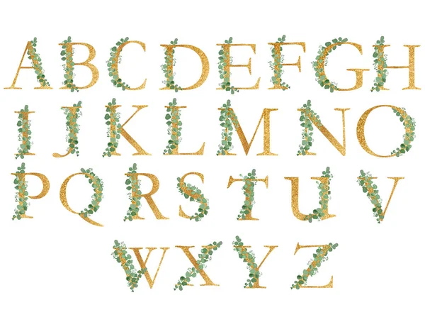Arany betűket és eukaliptusz leveleket tartalmazó ábécé. Egy díszlet egy meghívóhoz. Képeslap tervezése. Üdvözlő kompozíció. — Stock Fotó