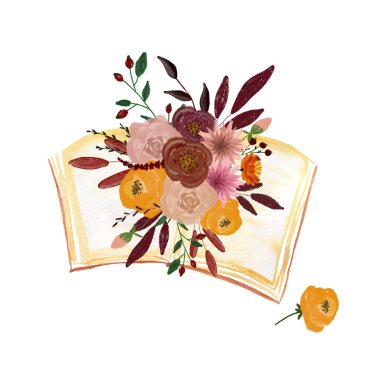 Kitaplı sonbahar çiçeği illüstrasyonu. Dekorasyon için kompozisyon. Tasarım ve dekorasyon için çiçekler. Kartpostal ve davetiye çiziyorum. Doğum günü. - Okul. Düğün tasarım elementi.