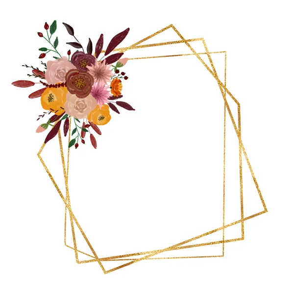 Autumn gold frame. Composition for decoration. Flowers for design and decoration. Drawing for postcards and invitations. Birthday. School. Wedding design element. — Stock Photo, Image