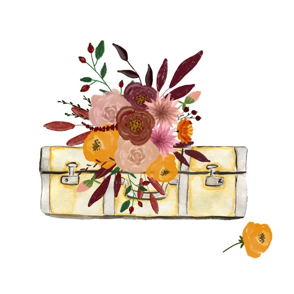 Autumn flower illustration with a suitcase. Composition for decoration. Flowers for design and decoration. Drawing for postcards and invitations. Birthday. School. Wedding design element. — Stock Photo, Image
