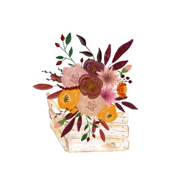 Sepetli sonbahar çiçeği. Dekorasyon için kompozisyon. Tasarım ve dekorasyon için çiçekler. Kartpostal ve davetiye çiziyorum. Doğum günü. - Okul. Düğün tasarım elementi.