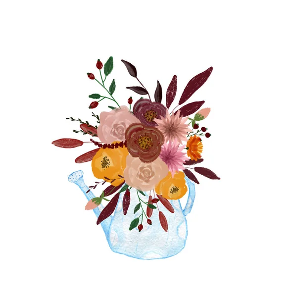 Autumn flower bouquet in watering cans. Composition for decoration. Flowers for design and decoration. Drawing for postcards and invitations. Birthday. School. Wedding design element. — Stock Photo, Image