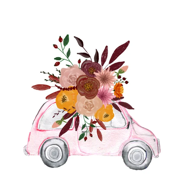 Autumn flower bouquet in the car. Composition for decoration. Flowers for design and decoration. Drawing for postcards and invitations. Birthday. Wedding design element. — Stock Photo, Image