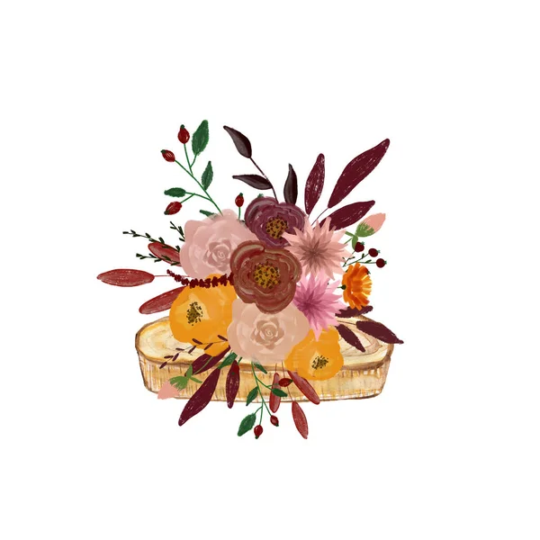 Autumn flower bouquet on the board. Composition for decoration. Flowers for design and decoration. Drawing for postcards and invitations. Birthday. Wedding design element. — Stock Photo, Image