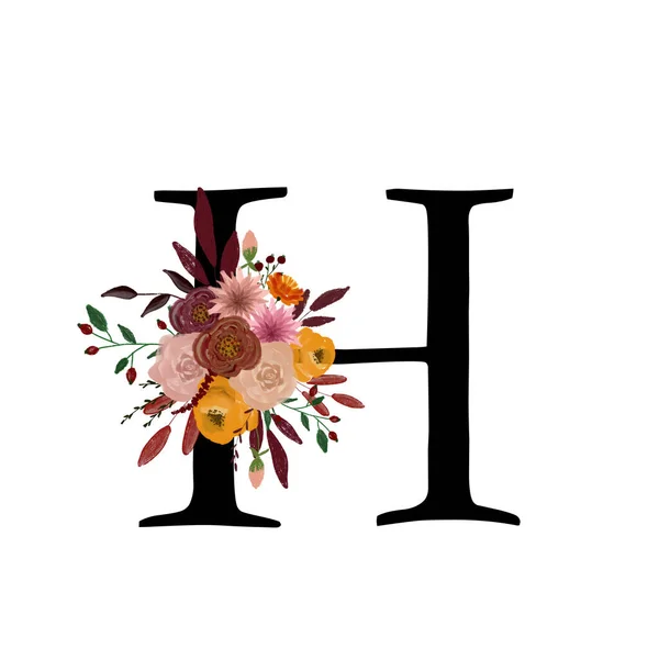 Podzimní akvarel písmeno H. Akvarelová podzimní abeceda. Design pro blahopřání, blahopřání a pozvánky. Kresba pro tisk na podzimní téma. Školní design. — Stock fotografie