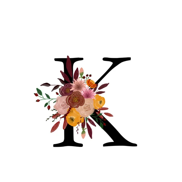 Autumn Watercolor Letter K. Watercolor Autumn Alphabet. Design for greeting cards, greeting cards and invitations. Drawing for printing on the autumn theme. School design. — 图库照片