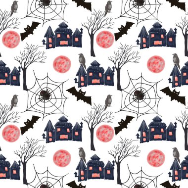 Örümcekler, yarasalar, ağaçlar ve evlerle kusursuz bir düzen. Tatil, parti ve davetiyeler için bir illüstrasyon. İç mekan için dekorasyon. Tişört baskısı. Şenlikli bir kompozisyon.