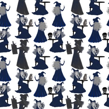 Cadılarla kusursuz bir düzen. Tatil, parti ve davetiyeler için bir illüstrasyon. İç mekan için dekorasyon. Tişört baskısı. Kumaşın tasarımı için şenlikli bir kompozisyon.