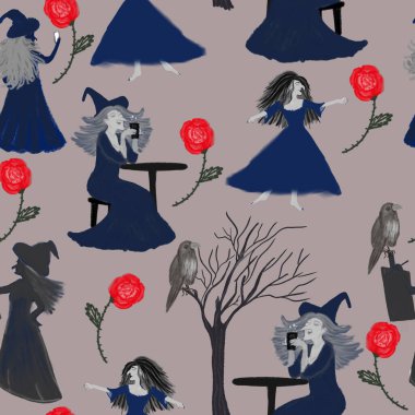 Cadılarla kusursuz bir düzen. Tatil, parti ve davetiyeler için bir illüstrasyon. İç mekan için dekorasyon. Tişört baskısı. Kumaşın tasarımı için şenlikli bir kompozisyon.