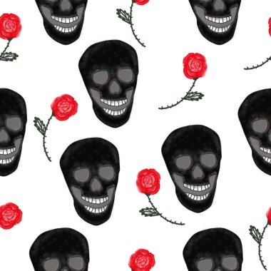 Kafatasları ve çiçekleri olan kusursuz bir desen. Tatil, parti ve davetiyeler için resim. İç mekan için dekorasyon. Tişört baskısı. Kumaşın tasarımı için şenlikli bir kompozisyon