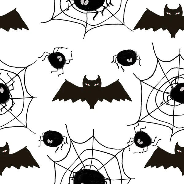 Seamless pattern with spiders, bats. An illustration for a holiday, a party and invitations. Decoration for the interior. Printing for a T-shirt. A festive composition for the design of the fabric. — Stock Photo, Image