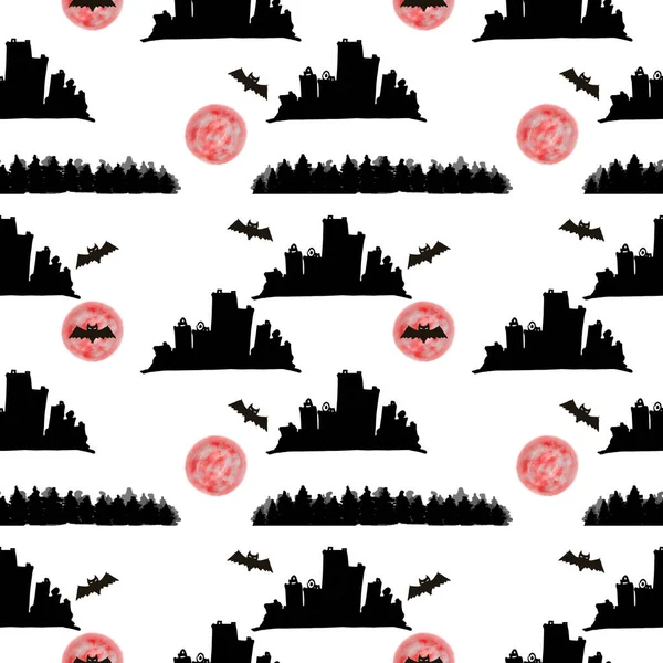 Seamless pattern with bats, trees, night city. An illustration for a holiday, a party and invitations. Decoration for the interior. Printing for a T-shirt. A festive composition for the design of the — Stock Photo, Image