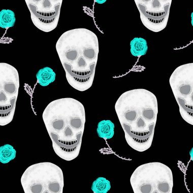 Kafatasları ve çiçekleri olan kusursuz bir desen. Tatil, parti ve davetiyeler için resim. İç mekan için dekorasyon. Tişört baskısı. Kumaşın tasarımı için şenlikli bir kompozisyon